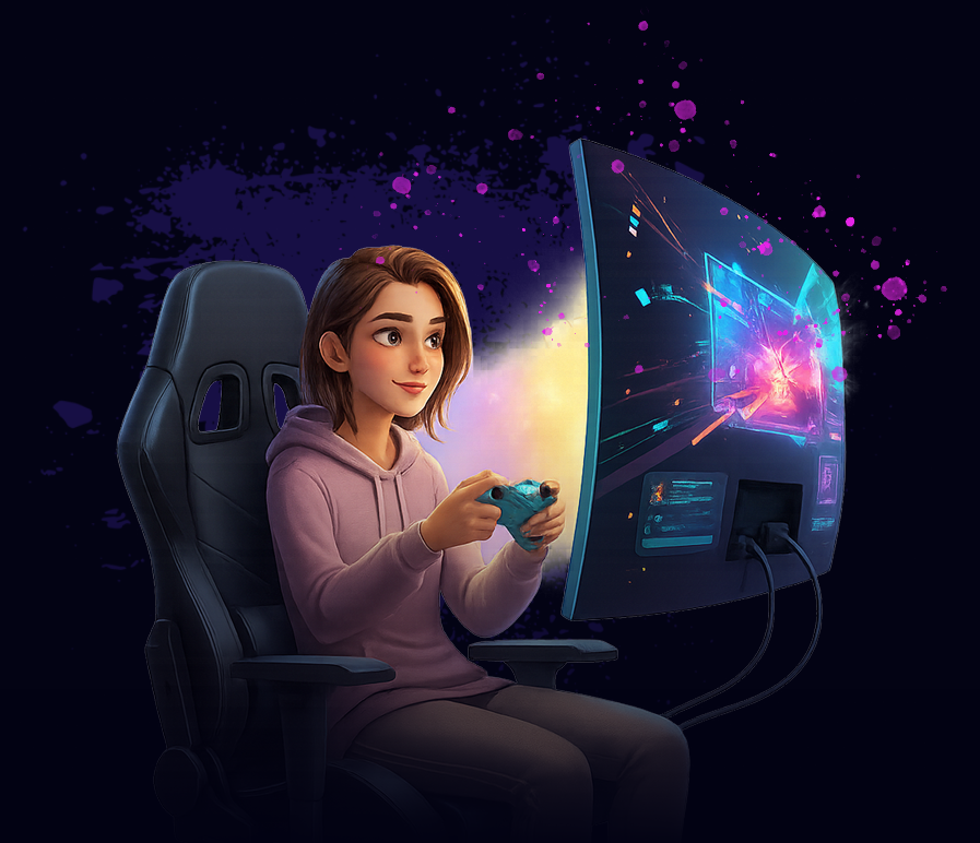 Student playing a game on a curved monitor with colorful UI